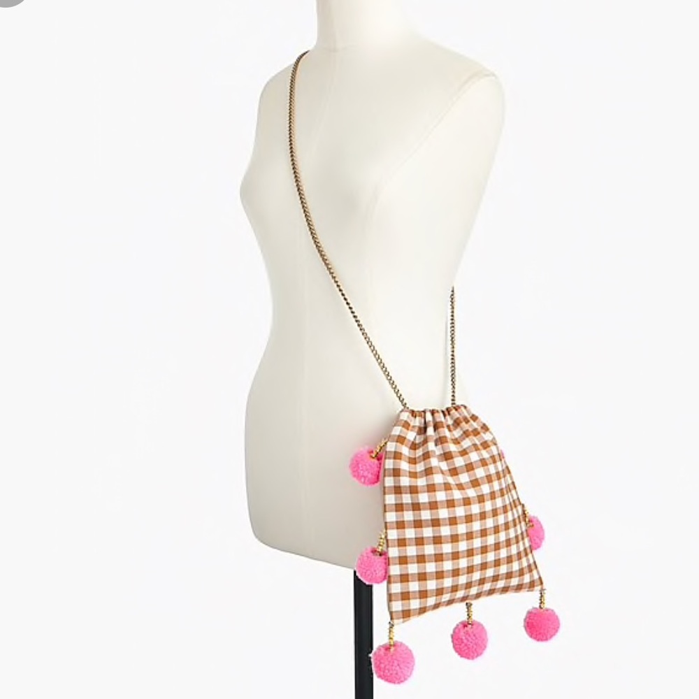 J Crew Gaia Pink Pom Pom Gingham Bag
